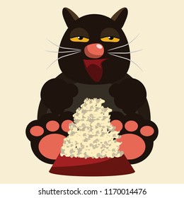 funny black cat and pet food vector illustration 