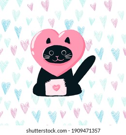 Funny black cat in pink heart-shaped costume for Valentine day. Flat vector illustration for February, 14 with doodle heart seamless pattern on the background.