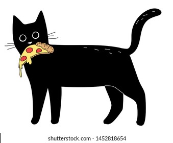 
Funny black cat with pizza. Vector illustration