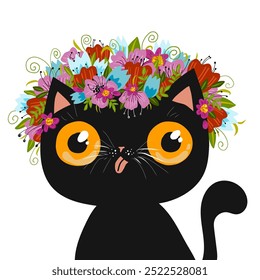 Funny black cat portrait isolated on white. Colorful wreath of flowers on the head. Flat vector style