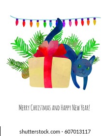  Funny black cat and present with big red ribbon.Christmas card.