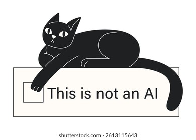 Funny Black Cat Pressing “Not AI” Button – Anti Artificial Intelligence Concept in Flat Style on White Background