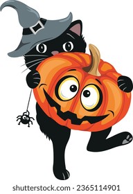 Funny black cat with pumpkin for Halloween. Vector