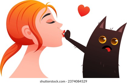 Funny black cat pushes away kissing woman. Owner and his black cat. Vector illustration for funny postcards