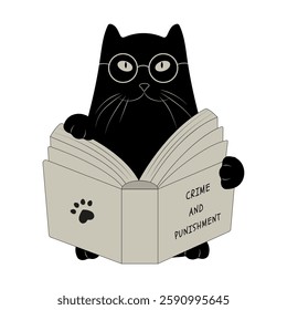 Funny Black Cat Reading Crime and Punishment With Glasses. Vector Art Style