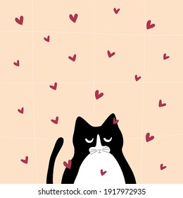 Funny black cat with red hearts. Cute cat in love. Greeting love card. 