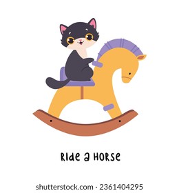 Funny Black Cat Ride Rocking Horse as English Verb for Educational Activity Vector Illustration