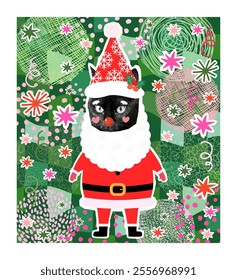 Funny Black Cat Santa Claus, Vector halftone Christmas collage for greeting cards, banners and posters