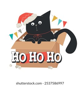 funny black cat in santa hat in box. winter holiday sticker isolated on white. flat cartoon kitten. garland with holiday flags. vector illustration