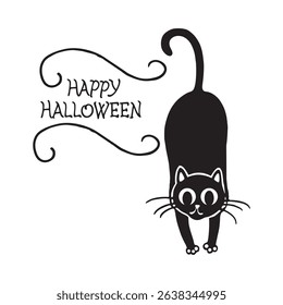 A funny black cat silhouette with "Happy Halloween" text perfect for spooky season designs, Halloween prints, party invites, t-shirts, and digital crafts.