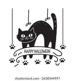 A funny black cat silhouette with "Happy Halloween" text perfect for spooky season designs, Halloween prints, party invites, t-shirts, and digital crafts.