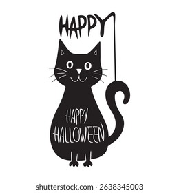 A funny black cat silhouette with "Happy Halloween" text perfect for spooky season designs, Halloween prints, party invites, t-shirts, and digital crafts.