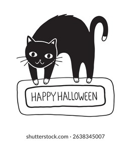 A funny black cat silhouette with "Happy Halloween" text perfect for spooky season designs, Halloween prints, party invites, t-shirts, and digital crafts.