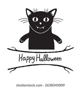 A funny black cat silhouette with "Happy Halloween" text perfect for spooky season designs, Halloween prints, party invites, t-shirts, and digital crafts.