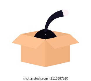 Funny black cat sits in box on white background. Cartoon flat style. Vector illustration