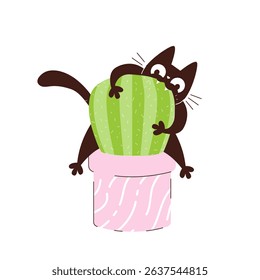 funny black cat sits on top of a cactus and bites it. Pets and HousePlants in Pots