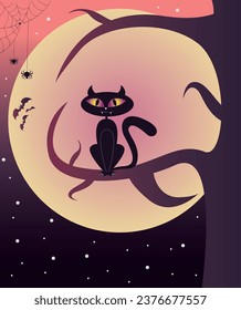 Funny black cat sitting on tree on colorful moon night background. Halloween vector illustration.