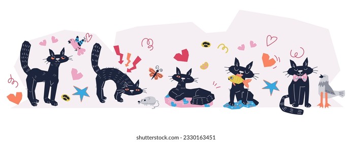 Funny black cat sleeping, playing and hunting, pet character for veterinary and pet care. Adorable cats in row with decorative elements, flat vector illustration isolated on white background.