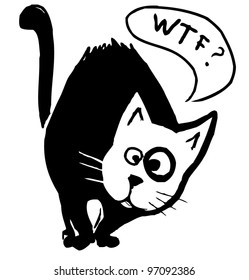 Funny black cat with speech bubble. Sketch vector illustration