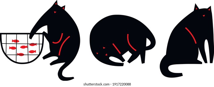 Funny black cat stickers abstract vector illustration. Cute animals hand drawn set illustration for your design.