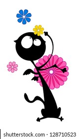 Funny black cat surprised by spring flowers.