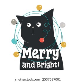 funny black cat tangled in garland. winter holiday sticker isolated on white. flat cartoon kitten. garland with light bulbs. vector illustration