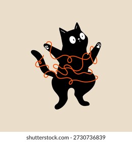 Funny black cat tangled in orange knitting thread