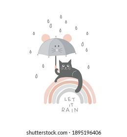 Funny black cat under kawaii mouse umbrella on the rainbow vector illustration isolated on white. Let it rain text. Rainy weather graphics for Scandinavian childish nursery design.