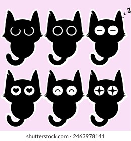 Funny black cat in various emotion and action poses mascot animal with cartoon style character. Draw vector illustration character collection cute cat. Doodle cartoon style.