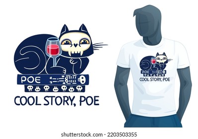 Hübsche schwarze Katze, Vektorgrafik, Halloween-Druck für ein weißes T-Shirt mit cooler Phrase Cool Story, männliches Dummy-Mannequin einzeln auf weißem Hintergrund