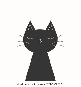 Funny black cat. Vector illustration with a cartoon kitten. Baby cute print. Design of a kids postcard or T-shirt. Wall art of the nursery.