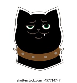 Funny black cat is wearing a collar with spikes. Cartoon character. Vector illustration Isolated on white background.