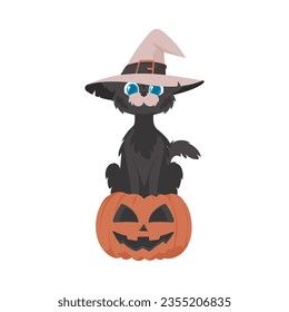 A funny black cat wearing a witch's hat is sitting on a pumpkin. The Halloween theme is all about scary and spooky things that are related to Halloween. Cartoon style, Vector Illustration