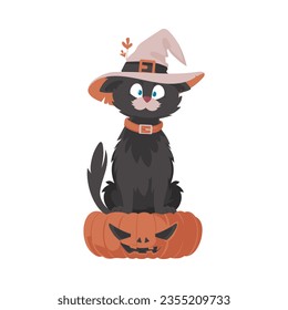 A funny black cat wearing a witch's hat is sitting on a pumpkin. The Halloween theme is about the spooky and scary things associated with Halloween. Cartoon style, Vector Illustration