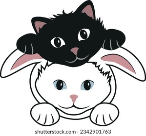 Funny black cat and white cat in bunny suit. Vector