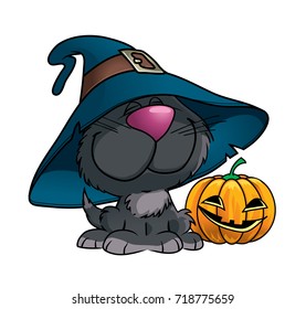 Funny black cat in a witch hat and a Halloween pumpkin. Isolated cartoon character. Vector illustration
