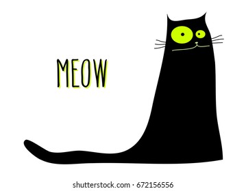 Funny black cat and word Meow pet mascot silhouette sketch, vector illustration isolated over white.