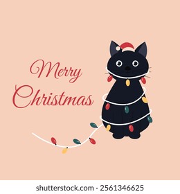 Funny black cat wrapped around Christmas lights and Santa Claus hat on his head.Merry Christmas, Happy new year concept. Vector illustration cartoon flat style.