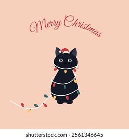 Funny black cat wrapped around Christmas lights and Santa Claus hat on his head.Merry Christmas, Happy new year concept. Vector illustration cartoon flat style.