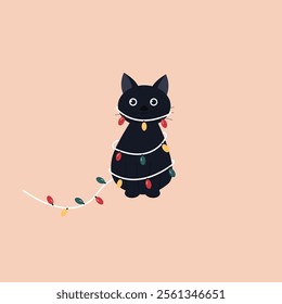 Funny black cat wrapped around Christmas lights. Vector illustration cartoon flat style.
