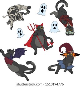 Funny black cats in halloween costumes: vampire, devil, witch, Frankenstein, mummy, ghosts.