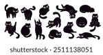 Funny black cats. Isolated crazy cat in different poses. Cute kitty angry hunting hiding sleeping and washing. Children stickers racy vector clipart