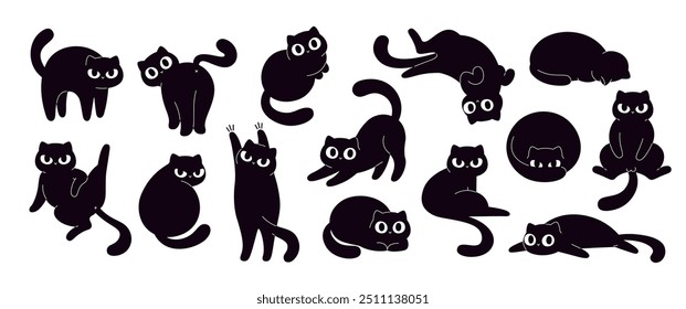 Gatos pretos engraçados. Gato louco isolado em poses diferentes. Gatinho bonito caça irritada escondendo dormir e lavar. Crianças adesivos racy vetor clipart