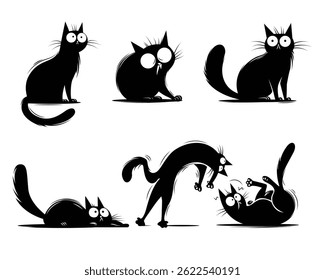 Funny black cats. Isolated crazy cat in different poses. Children stickers racy vector clipart