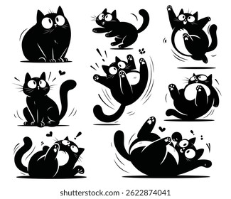 Funny black cats. Isolated crazy cat in different poses. Children stickers racy vector clipart