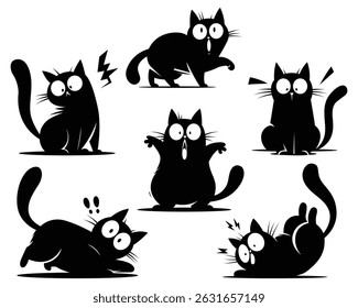Funny black cats. Isolated crazy cat in different poses. Children stickers racy vector clipart