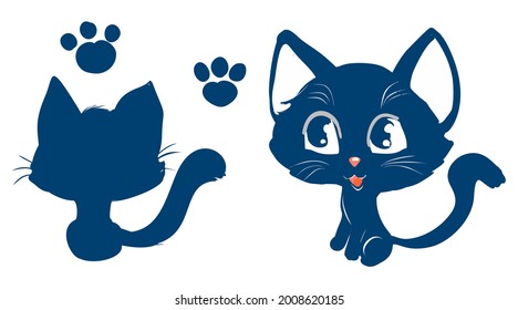 Hübsche schwarze Katzen einzeln auf weißem Hintergrund. Kleine Kätzchen mit Pfotendrucken. Spielzeugaufkleber.
