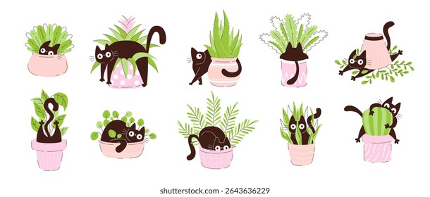 Funny black cats playing with indoor plants in pastel flower pots. Charming flat illustration with curious pets hiding and climbing among green leaves. Great for prints kids and home decor