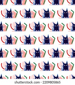 Funny black cats, seamless pattern, vector colorful, humorous, for children and adults