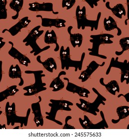 Funny black cats. Seamless pattern. Vector background
